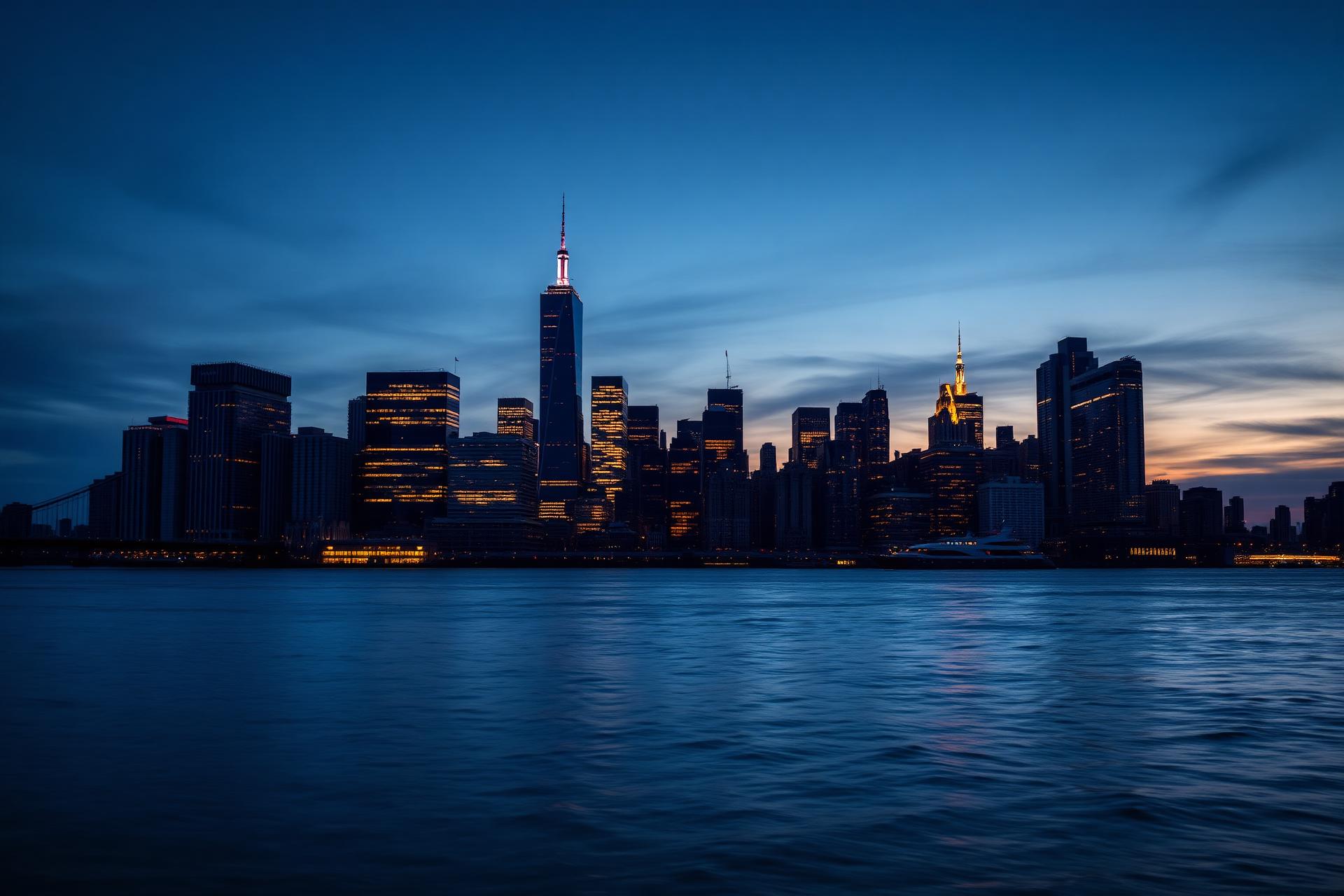 Manhattan skyline at dusk, viewed across the East River