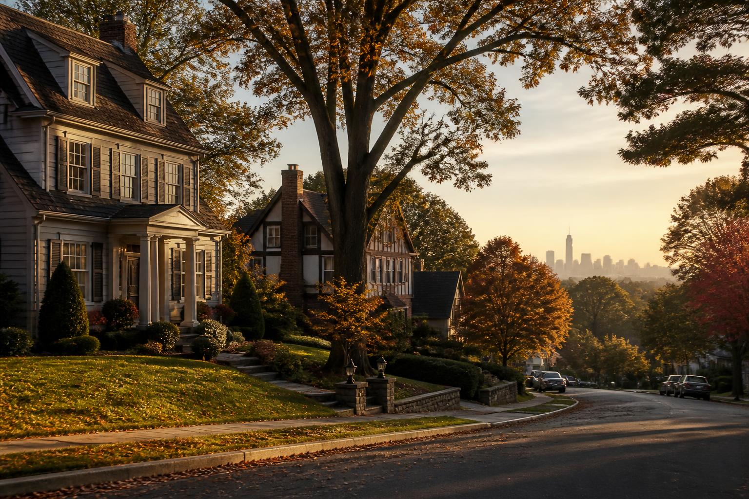 Northern New Jersey suburban street with stately homes and the Manhattan skyline in the distance at golden hour