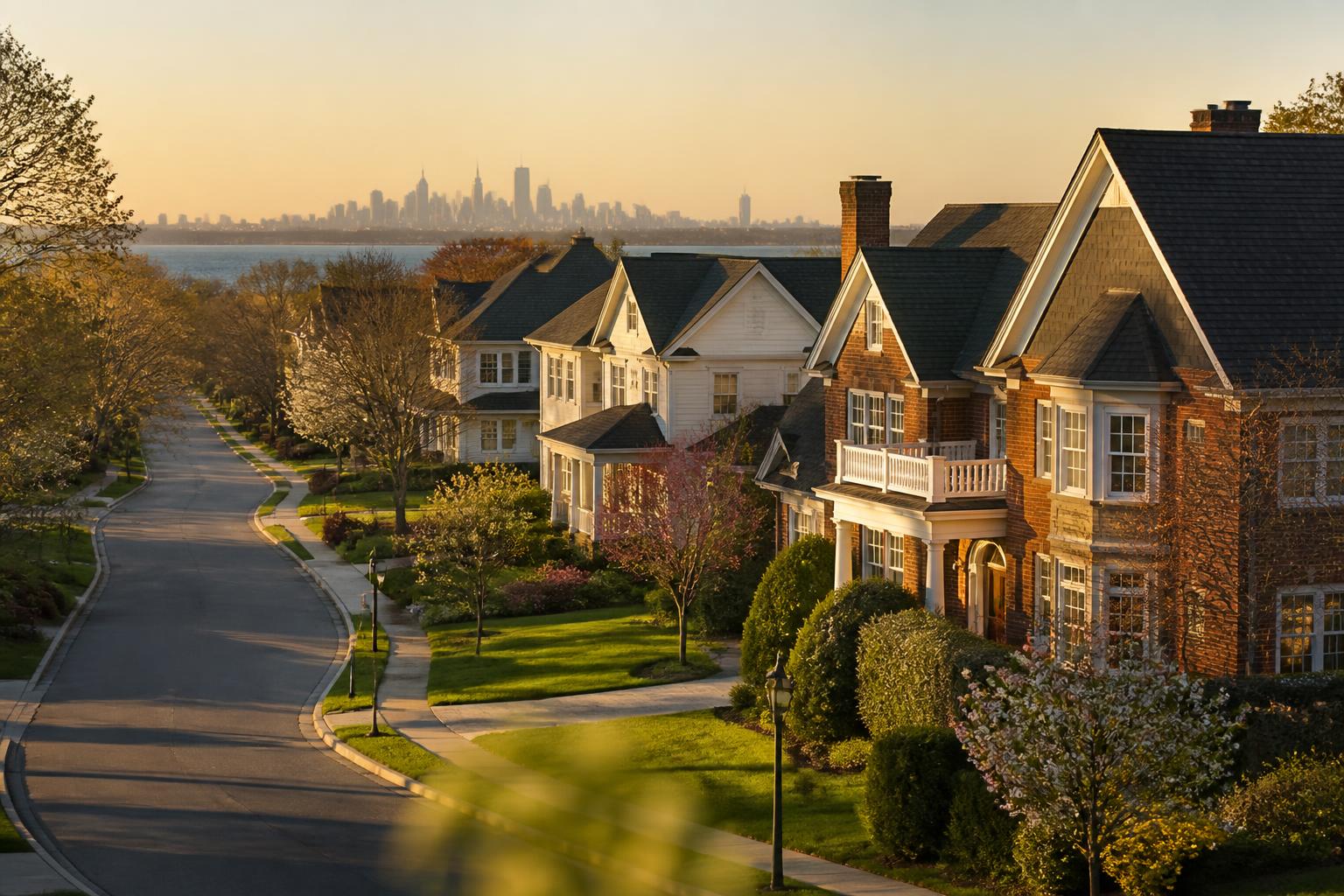 Upscale suburban Long Island neighborhood with the Manhattan skyline on the horizon at golden hour